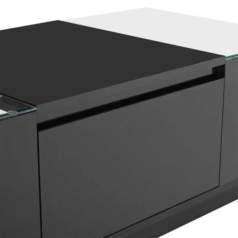 Tavolino da salotto con vano contenitore, illuminazione LED d'atmosfera, piano in vetro e 2 cassetti, 105x50x35 cm, Nero