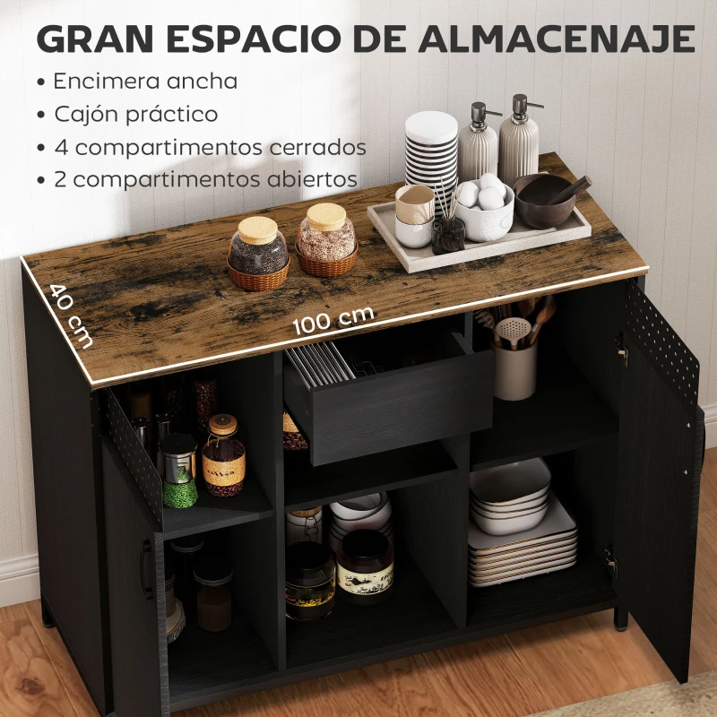 HOMCOM Aparador de 2 Puertas con Orificios 2 Compartimentos y Cajón Estantes Ajustables 100x40x80 cm Negro