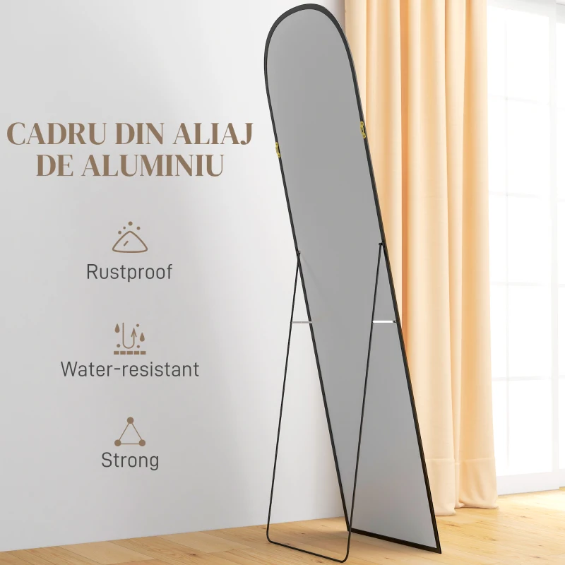 HOMCOM Oglindă de Podea și Perete Modernă din Aliaj de Aluminiu cu Suport Pliabil, 50x170 cm, Neagră