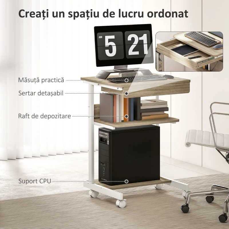 HOMCOM Birou PC cu Sertar Glisant și 2 Rafturi Deschise Alb și Stejar