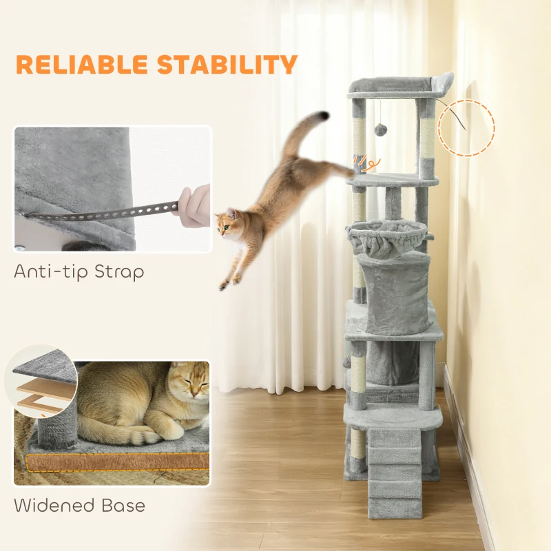 PawHut 170 cm Large Cat Tree, Cat Tower with 7 Scratching Posts, 2 Condos, Hammock,  Light Grey