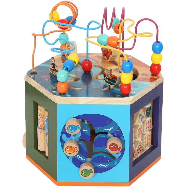 AIYAPLAY Wooden Activity Cube, Baby Toys with Bead Maze, Pattern Sorter for Toddlers Boys and Girls 18+ Months