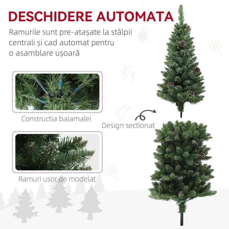 HOMCOM Brad de Crăciun Înzăpezit Înalt cu 395 Crengi, Brad Artificial de Crăciun cu Conuri și Bază, Ø54 x 150 cm, Verde