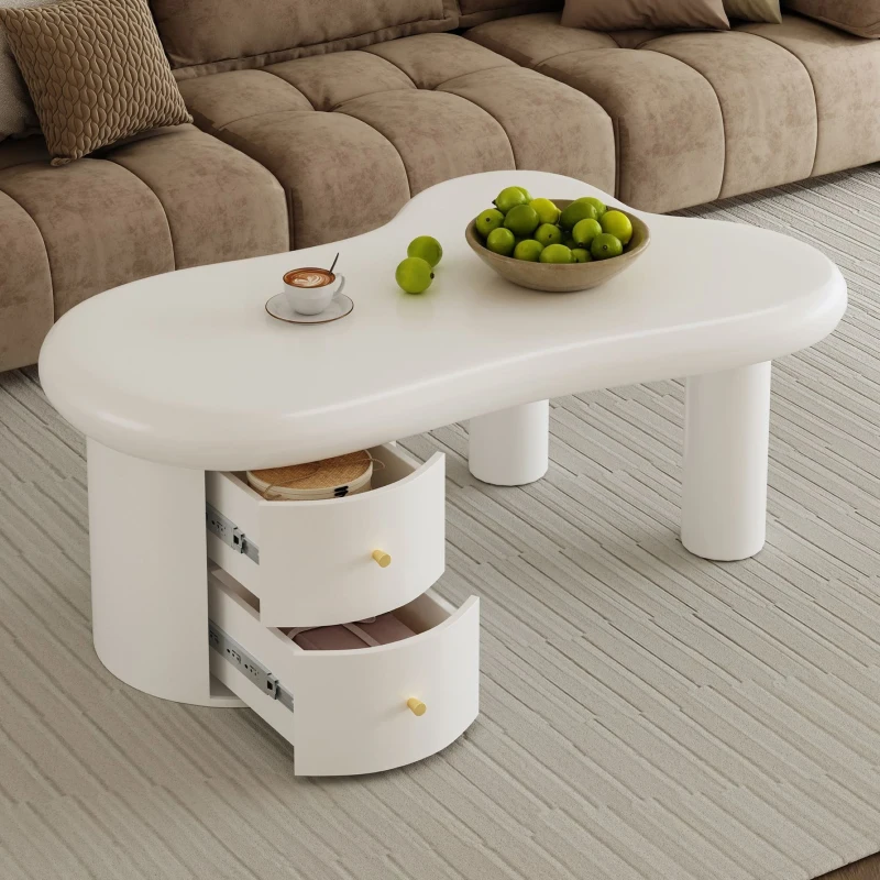 Tavolino da salotto con forma irregolare, 2 cassetti, 97x64x42 cm, Bianco