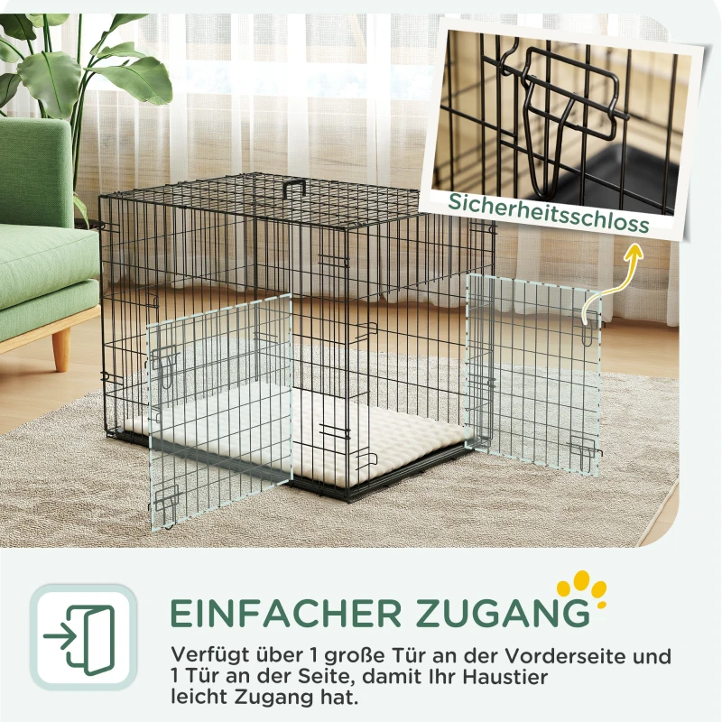 PawHut Hundekäfig klappbar Hundebox mit 2 Türen, Transportkäfig mit ausziehbare Bodenschale Kissen 75 x 48,5 x 53 cm Schwarz