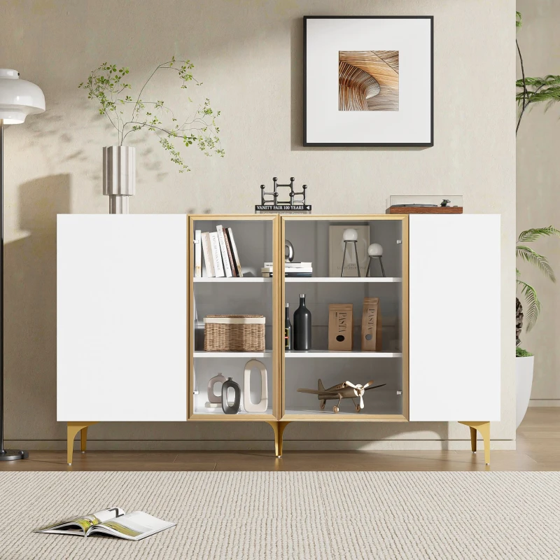 Credenza 4-ante con vetro & metallo, ampio spazio di archiviazione, 150x38x85 cm, Bianco