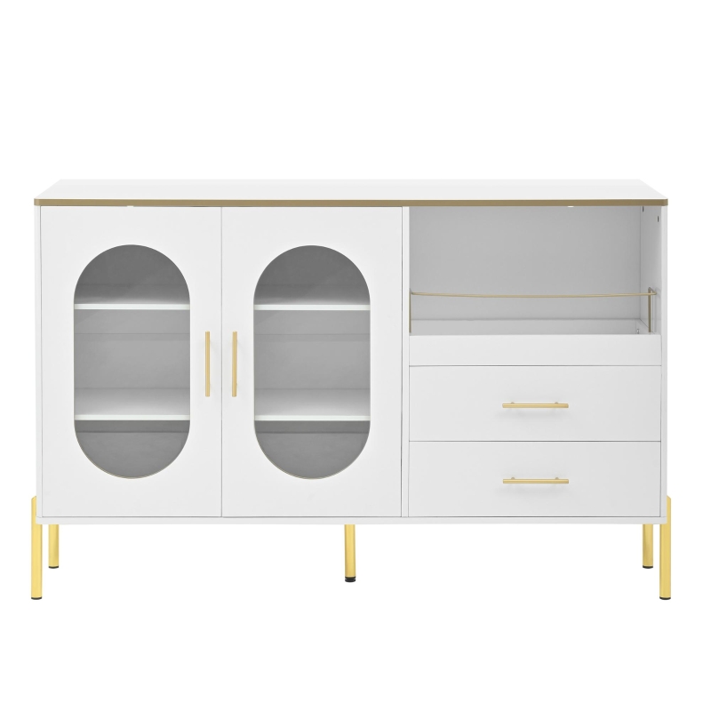 Credenza con 2 cassetti e 2 ante in vetro, ampio vano contenitivo, 140x38x90 cm, Bianco
