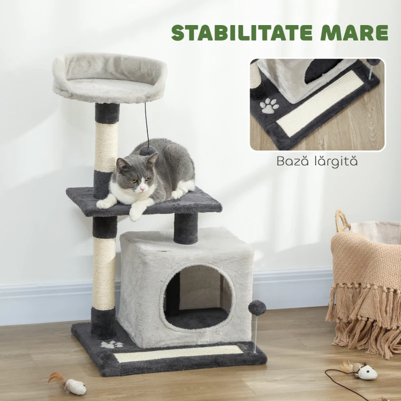 PawHut Ansamblu de joacă pentru pisici cu căsuță, Culcuș, Stâlpi și Covor, 85cm, Gri