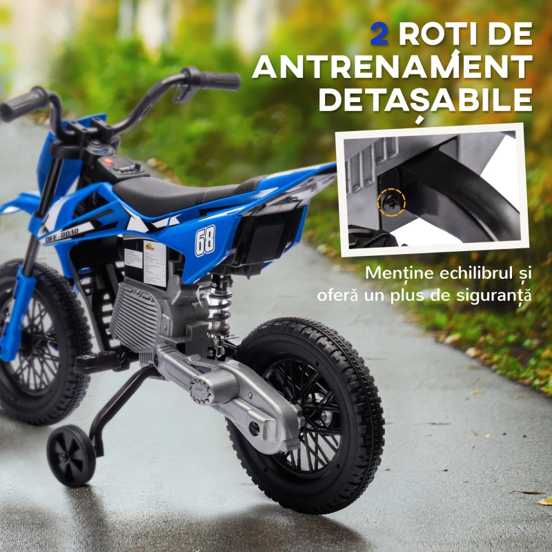 AIYAPLAY Motocicletă Electrică pentru Copii cu Roți Detașabile, Suspensii, Sunete și Indicator de Încărcare, Albastru