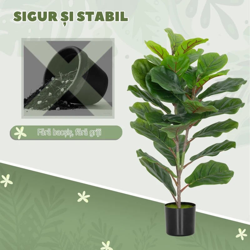 HOMCOM Plantă Artificială Ficus Lyrata Înaltă de 80 cm, Decorativă pentru Interior cu Ghiveci, Verde