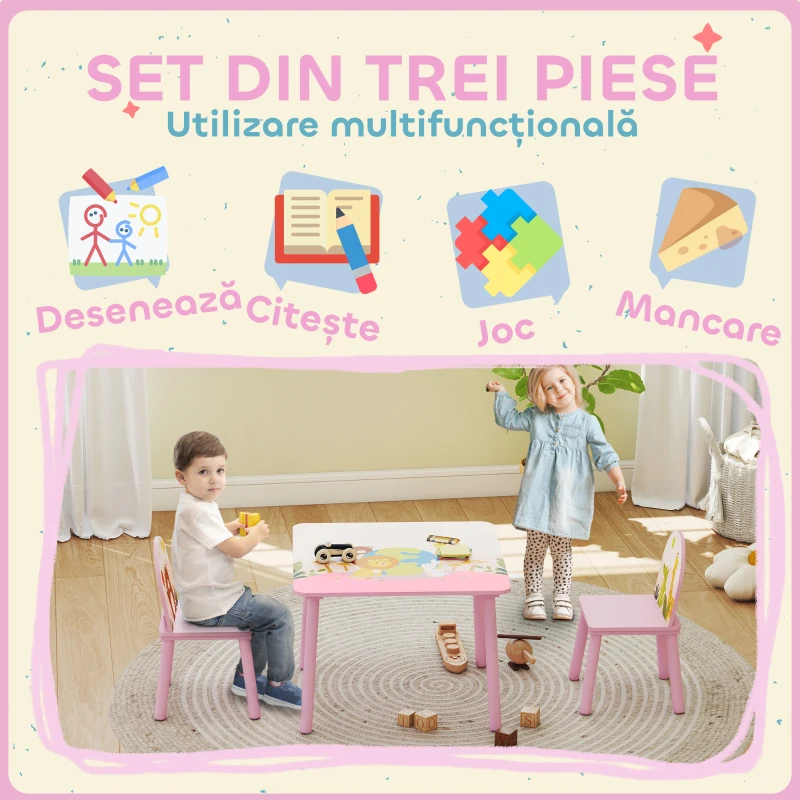 AIYAPLAY Măsuță și 2 scaune pentru copii 3-8 ani cu margini rotunjite, Roz