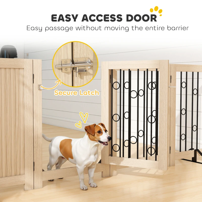 PawHut 4 Panel Freestanding Pet Gate, Indoor Dog Barrier with Lockable Door, Support Feet, 360° Flexible Hinges, Oak