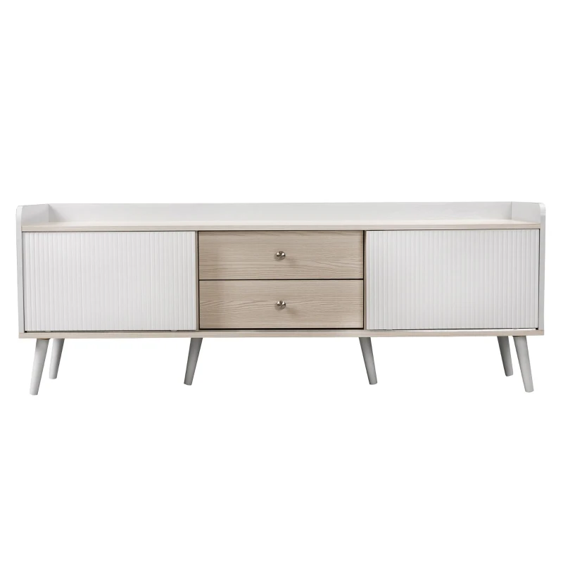 Mobile TV con 2 cassetti, ante scorrevoli a righe e gambe in legno robuste, 160x40x58 cm, Bianco