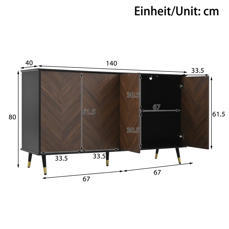 Buffet moderne à motif en chevrons, buffet avec 4 portes, 140x40x80 cm, Noir+Marron