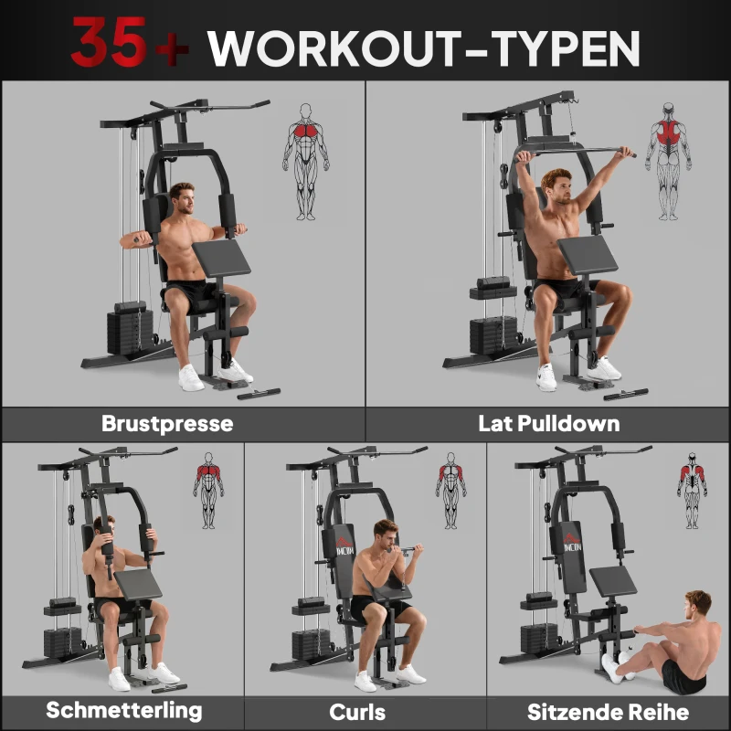 HOMCOM Kraftstation für Zuhause Fitnessstation mit Latzuggerät, Kabelzug, kurzer Bizepsstange, Brustpresse, Beintrainer, Butterfly-Maschine 45kg Gewichten Multifunktion Fitnessstation Schwarz