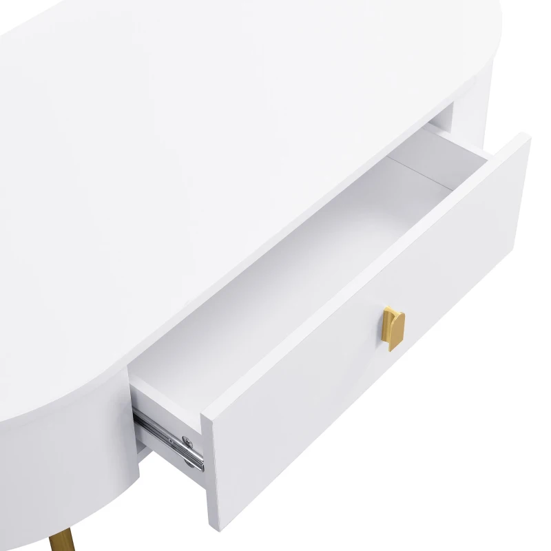 Tavolino da salotto con 2 cassetti, angoli arrotondati, maniglie e gambe dorate, 108x50x40 cm, Bianco