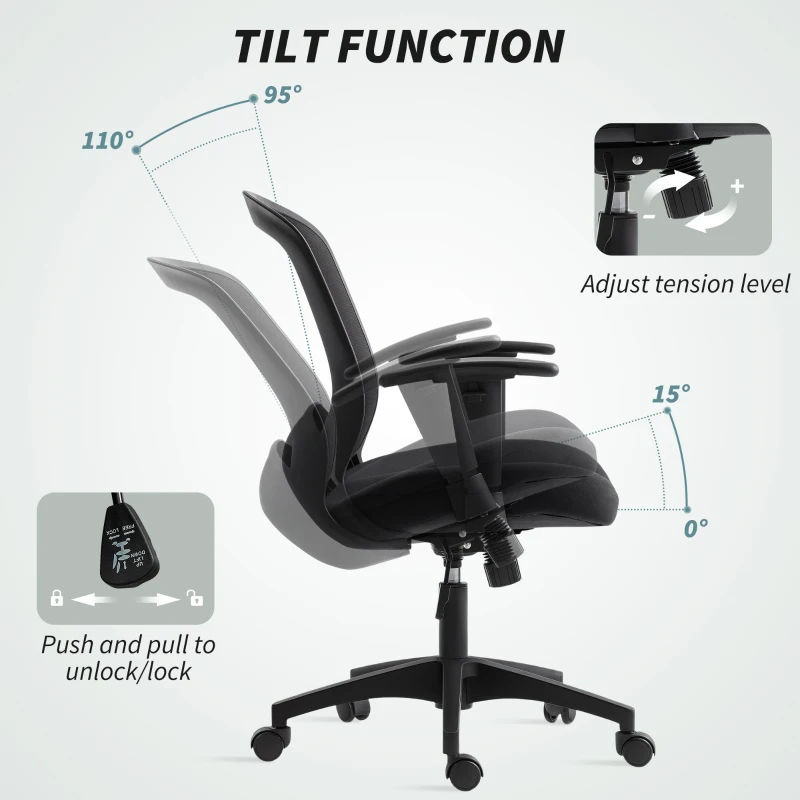 Scaun de Birou HOMCOM Respirabil și Reclinabil cu Înălțime Reglabilă, Negru