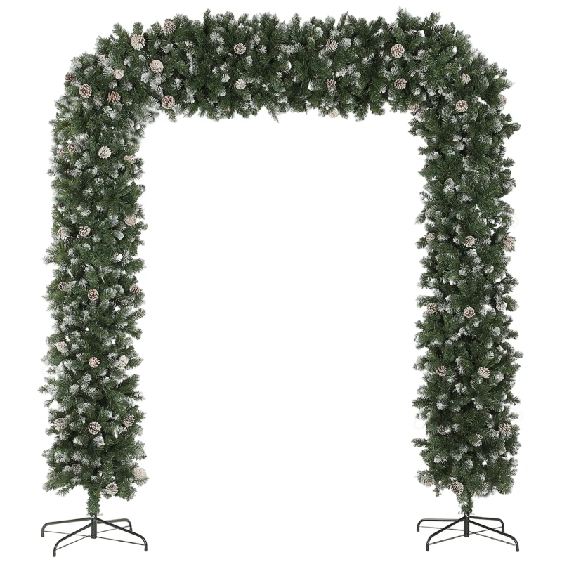 HOMCOM 8.2 ft Snow Frosted Christmas Tree Arch, Christmas Arch Doorway Decor with 2100 Tips and 96 Pinecones, Artificial Xmas Tree with Metal Stand for Indoor, Green