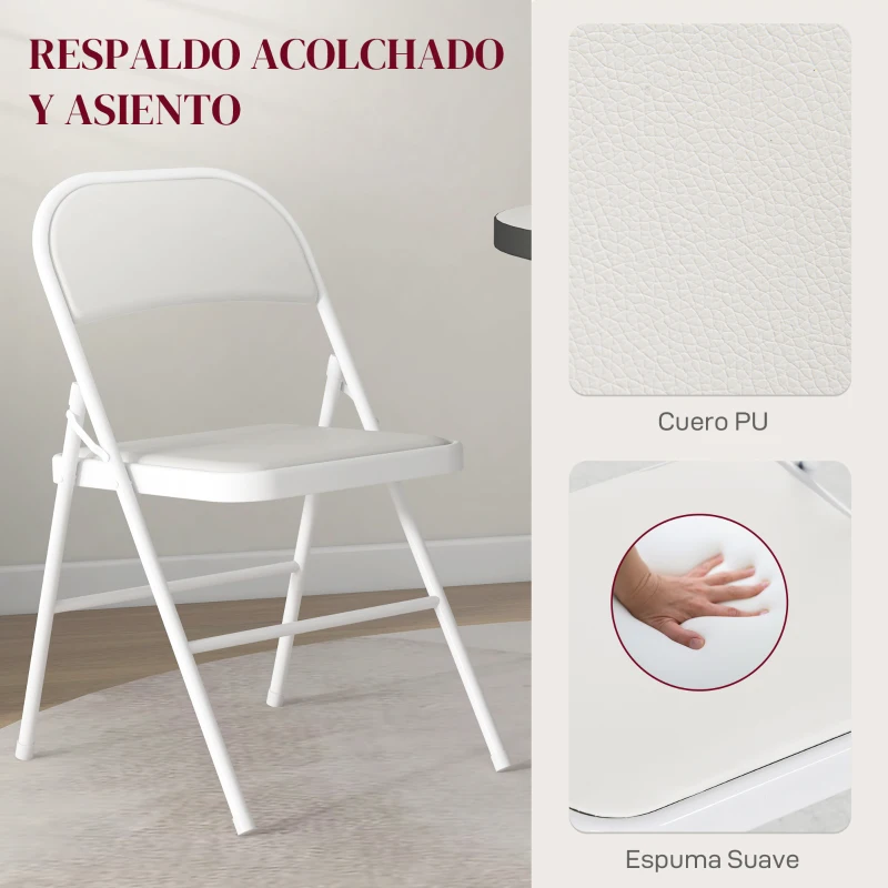 HOMCOM Juego de 4 Sillas Plegables Acolchadas con Respaldo y Estructura de Acero para Salón Comedor Cocina 45x46x78 cm Blanco
