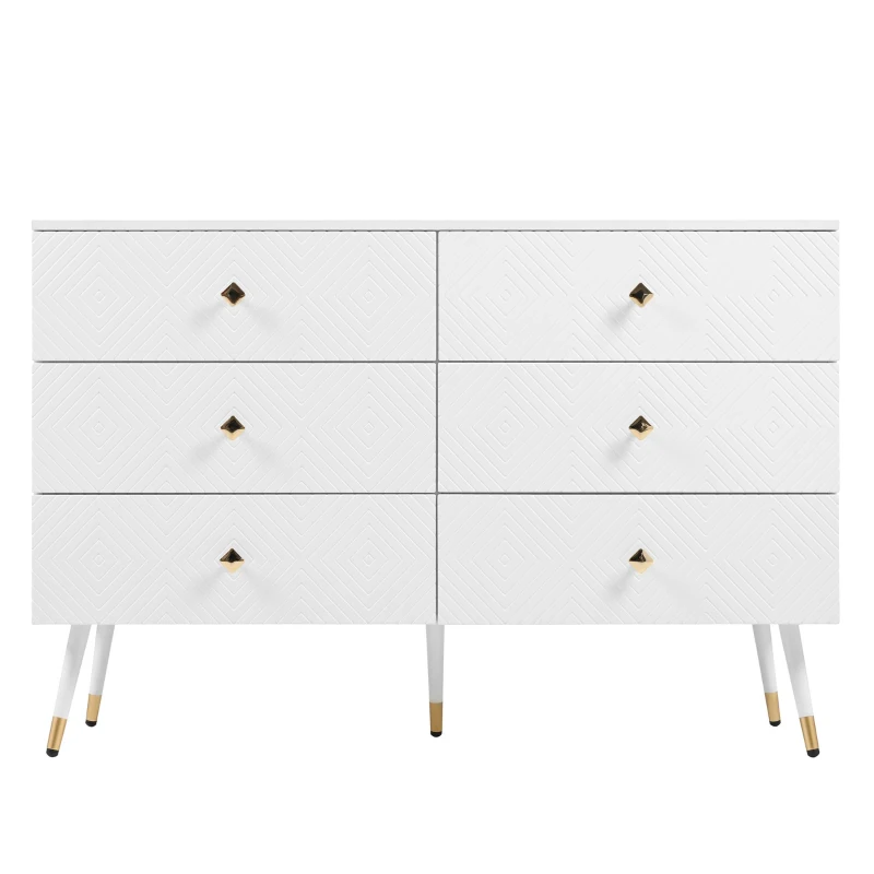 Cassettiera a 6 cassetti, con motivo geometrico e maniglie a forma di diamante, per camera da letto e soggiorno, 120x40x80 cm, Bianco