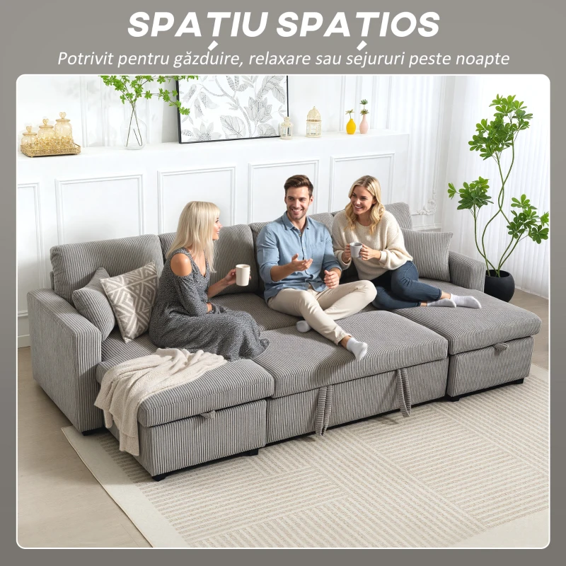 HOMCOM Canapea Extensibilă Modernă în Formă de U și Spații de Depozitare, Catifea Reiată, 282x140x86 cm, Gri