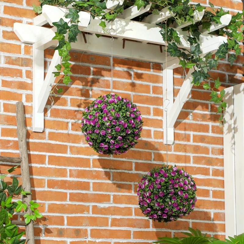 HOMCOM Set of 2 Decorative Artificial Plants, UV-protected Artificial Plant Topiary Rose Balls, Fake Plants for Home Indoor outdoor Decor, 28cm, Purple