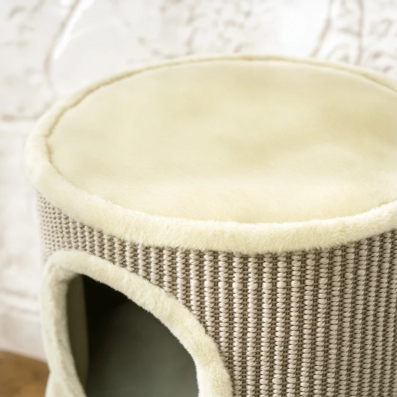 PawHut Tonneau à gratter pour chat arbre à chat sisal naturel et herbiers marins recouvert de peluche 35,5x35,5x49cm kaki café