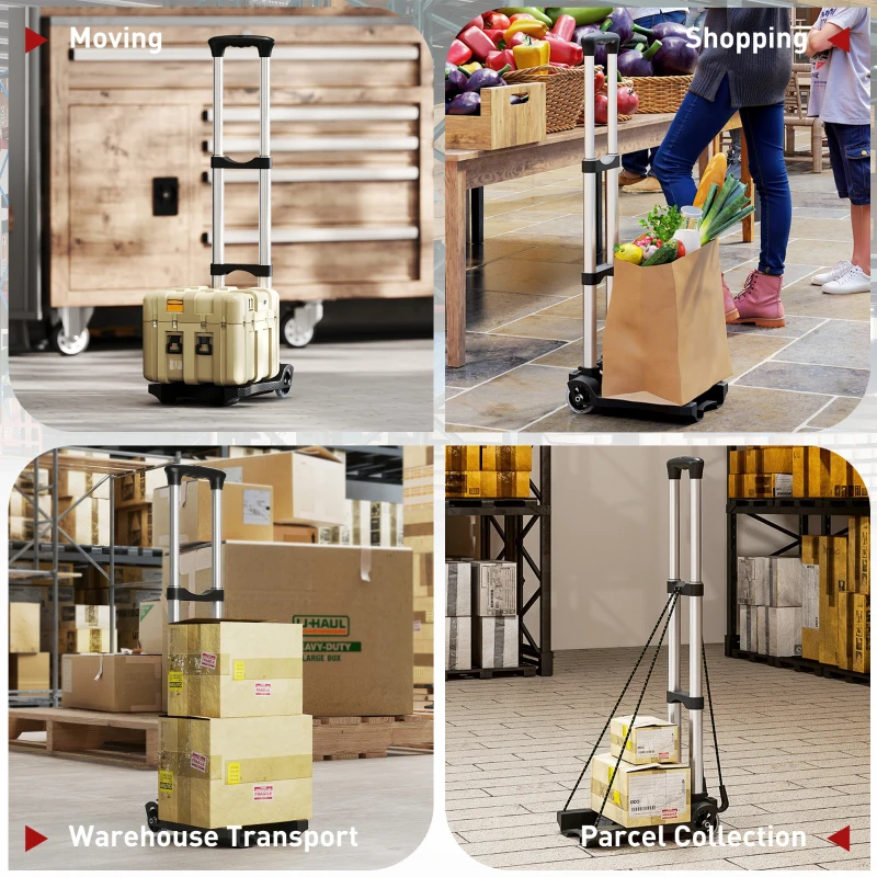 HOMCOM Cărucior portbagaj pliabil de 40 kg cu 2 curele, mâner telescopic, din aluminiu și plastic, negru