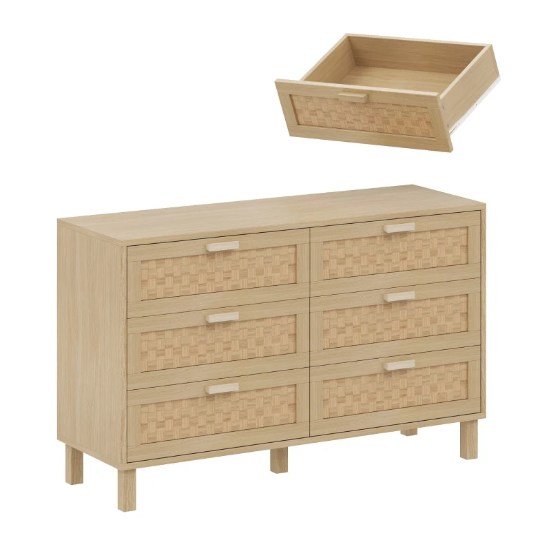 Credenza con sei cassetti in rattan, versatile armadio per la camera da letto con ampio spazio contenitivo, 120x40x75 cm, Colore naturale