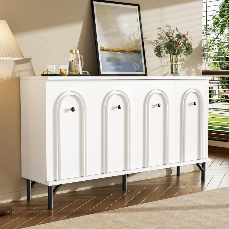 Credenza a 4 ante con frontale ad arco 3D, per soggiorno, sala da pranzo e ingresso, 140x34x78 cm, Bianco