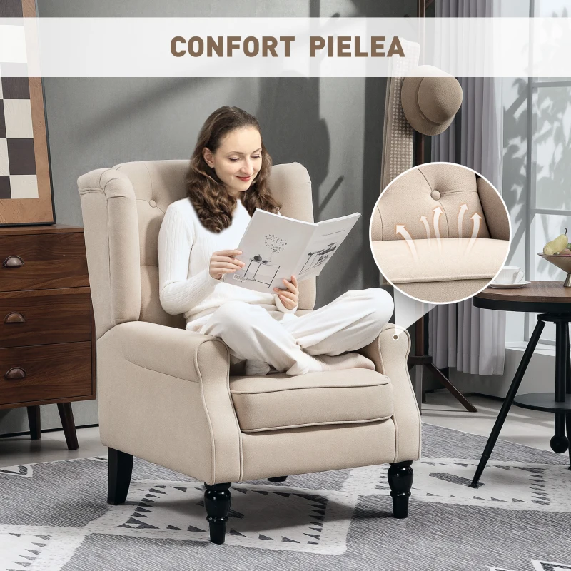 HOMCOM Fotoliu Capitonat cu Spatar Inalt, Cotiere Rotunjite Captusite și Sezut cu Captuseala Groasa, 74x87x102 cm, Bej