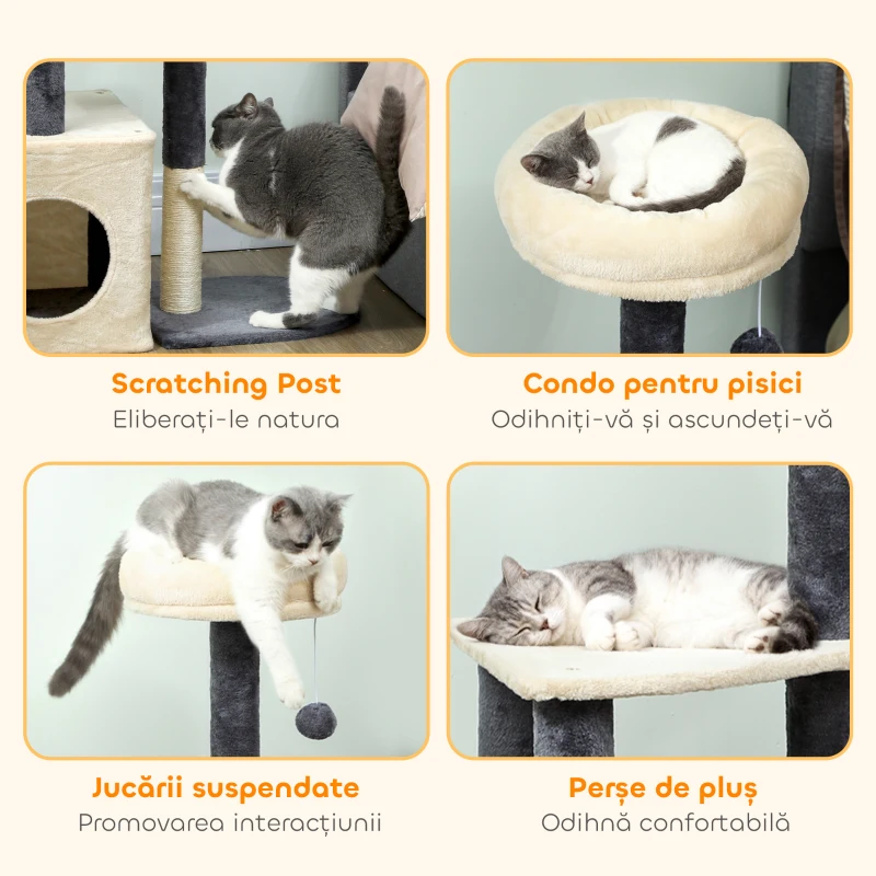 PawHut Ansamblu de joaca pentru pisici, cu căsuță, culcuș, stâlpi din sisal și bila, 73x35x92 cm, crem alb