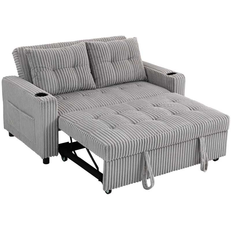 HOMCOM 2 Seater Click Clack Sofa Bed with Pull Out Design, Corduroy Upholstery - Light Grey
