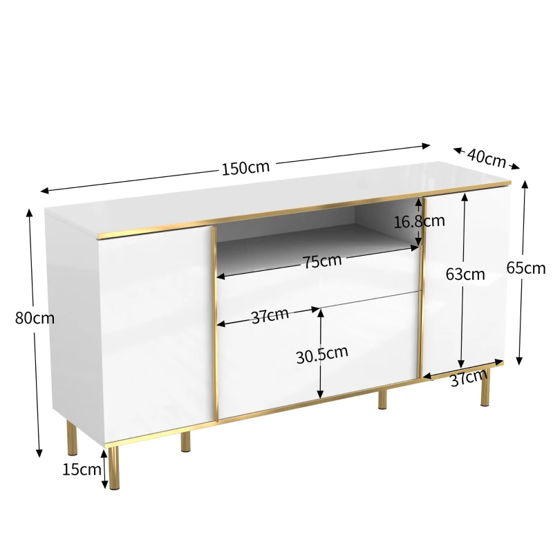Credenza con illuminazione a LED, 4 ante, 1 cassetto, 150x40x80 cm, Bianco