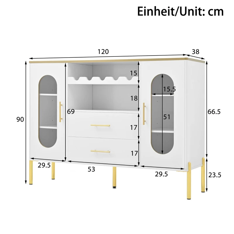 Credenza con ante in vetro, portabottiglie e ampio spazio di stoccaggio, 120x38x90 cm, Bianco