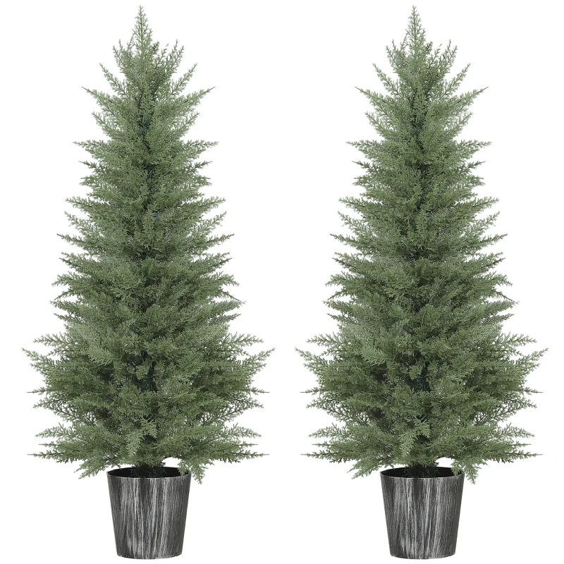 HOMCOM 135cm Artificial Cypress Trees Set of 2, UV Resistant Artificial Plants with Decorative Pot, Fake Plants for Indoor Outdoor Decor, Green