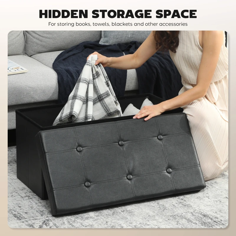 HOMCOM Storage Ottoman Bench, 89L PU Leather Folding Foot Rest Stool, End of Bed Bench, Easy Assembly, for Living Room, Bedroom, Entryway, Black