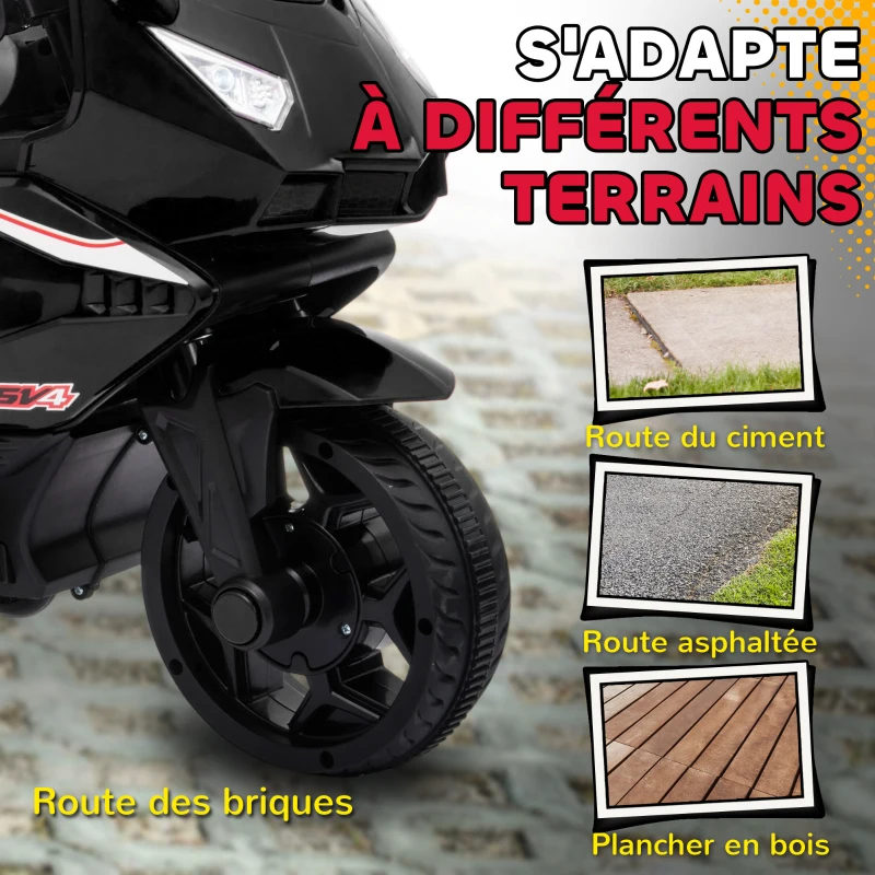 AIYAPLAY Moto électrique enfants, moto à batterie 6 V avec effets lumineux et sonores, roues d'entraînement, 75x36x49cm, noir