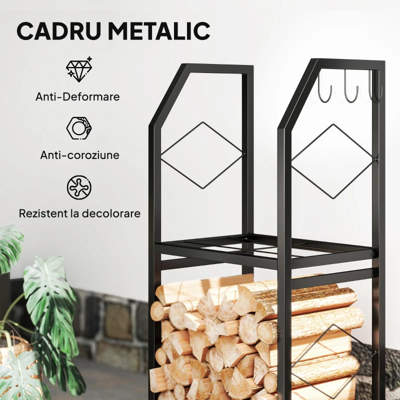 Outsunny Suport de Lemne din Oțel pe 2 Nivele cu 3 Cârlige Laterale 41x30x81cm Negru