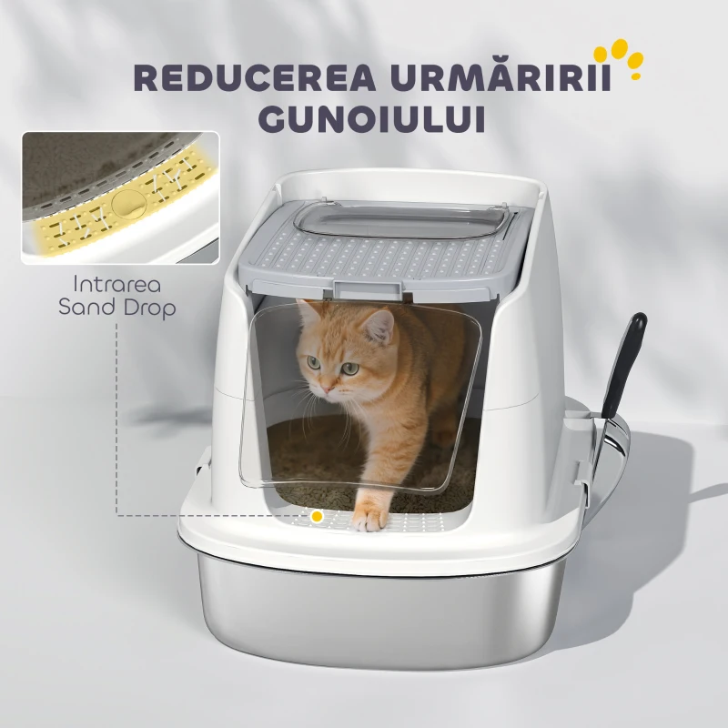 PawHut Litieră pentru pisici cu 2 intrări, deodorant și lopățică, Alb