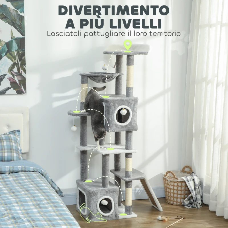 PawHut Albero Tiragraffi per Gatti con 2 Casette, Rampa, Trespoli e 4 Palline, 48x40x165 cm, Grigio e Bianco