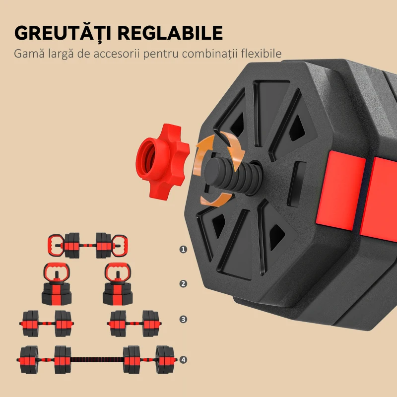 SPORTNOW Set Greutăți de Sală 4 în 1 de 30kg, Convertibil în Kettlebell, 2 Gantere, Haltere și Suport pentru Flotări, Roșu