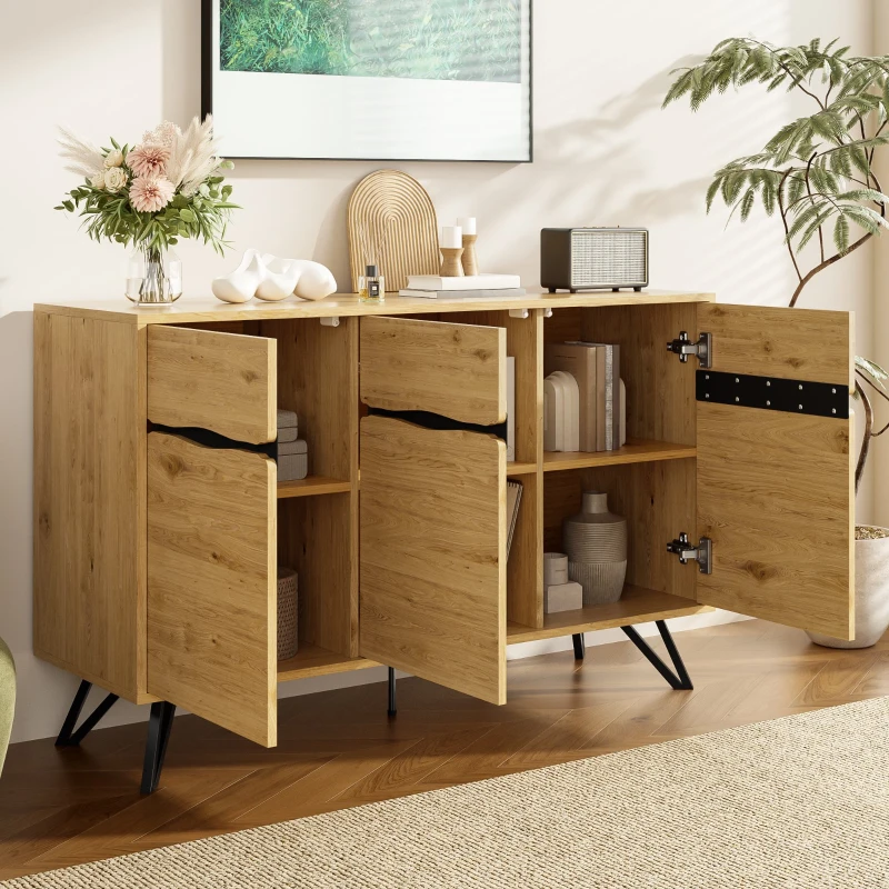 Credenza 3-ante con gambe in metallo, Ampio spazio contenitivo, 140x40x75,5 cm, Colore naturale