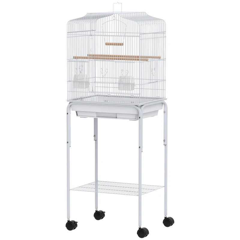 PawHut Bird Cage with Wheels Shelf Doors 2 Feeders 2 Perches Swing Removable Tray 46.5x36x124 cm White