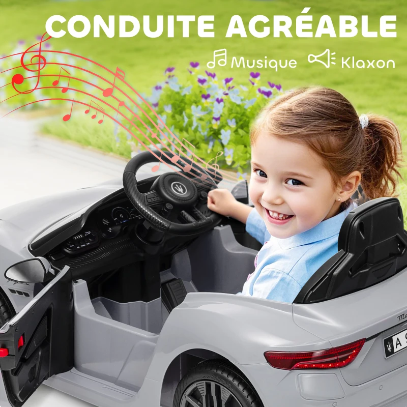 AIYAPLAY Voiture électrique pour enfants sous licence Maserati Gran Turismo Folgore, 12V avec télécommande, de 3 à 5 ans, gris