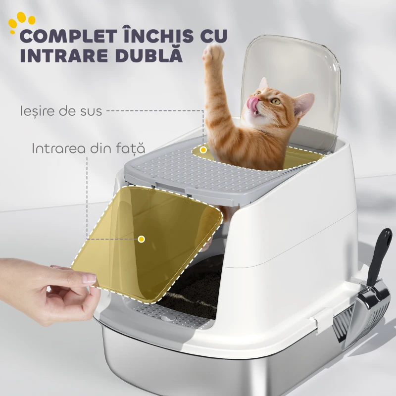 PawHut Litieră pentru pisici cu 2 intrări, deodorant și lopățică, Alb