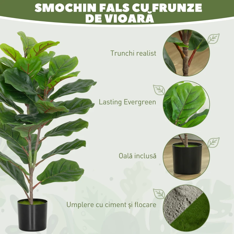 HOMCOM Plantă Artificială Ficus Lyrata Înaltă de 80 cm, Decorativă pentru Interior cu Ghiveci, Verde