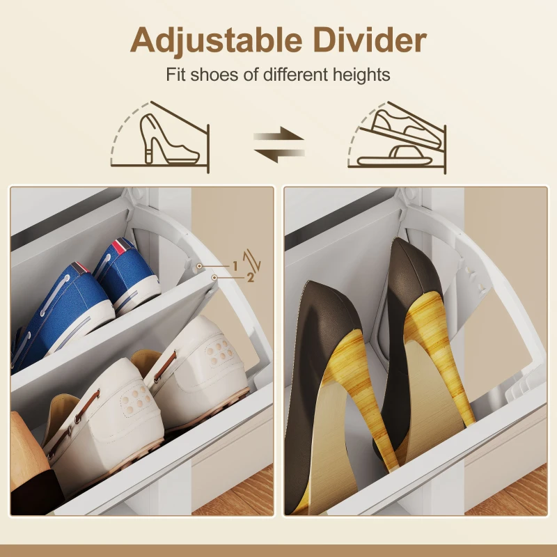 HOMCOM Dulap de pantofi subțire în stil Boho cu 2 sertare rabatabile, pentru 14 perechi de pantofi, Alb