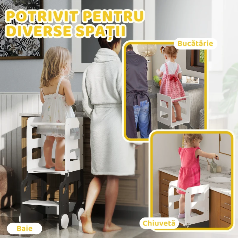 AIYAPLAY Scara Montessori 4 în 1 pentru Copii cu 2 Table și Set Masă și Scaun, din Lemn, 58x46x92 cm, Alb