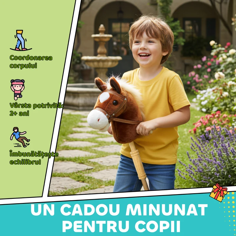 AIYAPLAY Cal cu Băț și Sunete Realiste pentru Copii 24+ Luni, din Poliester și Lemn, 95x25x27 cm, Maro